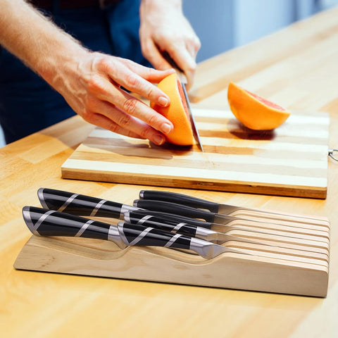 Image of Kitchen Knife Holder for Drawer Solid Wood Universal Knife Block without Knives,Bamboo Home & Chef Knife In-Drawer Organizer Insert,Premium under Cabinet Knife Storage (9 Knife Holder)