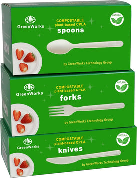 300 Count 7" Heavy-Duty Compostable Cutlery Set,100 Forks 100 Spoons 100 Knives,Bpi Certified Large T Disposable Bio-Based Cutlery