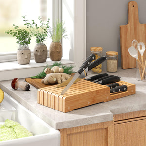 In-Drawer Bamboo Knife Block,Drawer Knife Storage Steak Knife Holder without Knives,Holds up to 7 Knives(Not Include)