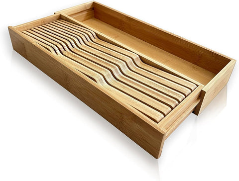 Image of Bamboo Expandable Kitchen Drawer Organizer with Removable Knife Block (No Knife), Wooden Knife Storage Rack & Multi Use Adjustable Divider Tray for Cutlery Utensils Silverware Flatware Spoons Forks