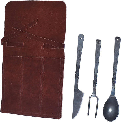 Image of Hand-Forged Blacksmith Medieval Dining Hall Eating/Feasting Utensils Set of 3 Piece Functional Fork Knife and Spoon Medieval Eating Set, with Genuine Leather Pouch for Easy Carrying.