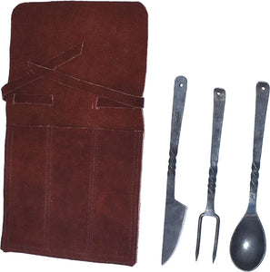 Hand-Forged Blacksmith Medieval Dining Hall Eating/Feasting Utensils Set of 3 Piece Functional Fork Knife and Spoon Medieval Eating Set, with Genuine Leather Pouch for Easy Carrying.