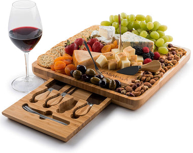 Bamboo Cheese Board Set - Includes 4 Cheese Knives & 10 Cheese Forks- Charcuterie Board Set, Fruit, Cured Meat Serving Platter with Drawer- Ideal for Parties & Events