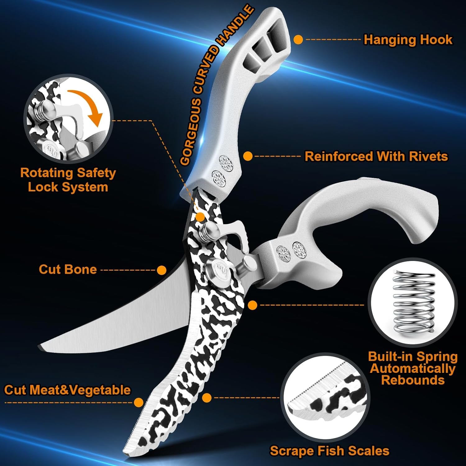 Poultry Shears, Multipurpose Stainless Steel Heavy Duty Kitchen Scissors with Serrated Edge for Bone, Chicken, Meat, Fish, Turkey, Vegetables, Barbecue Scissors