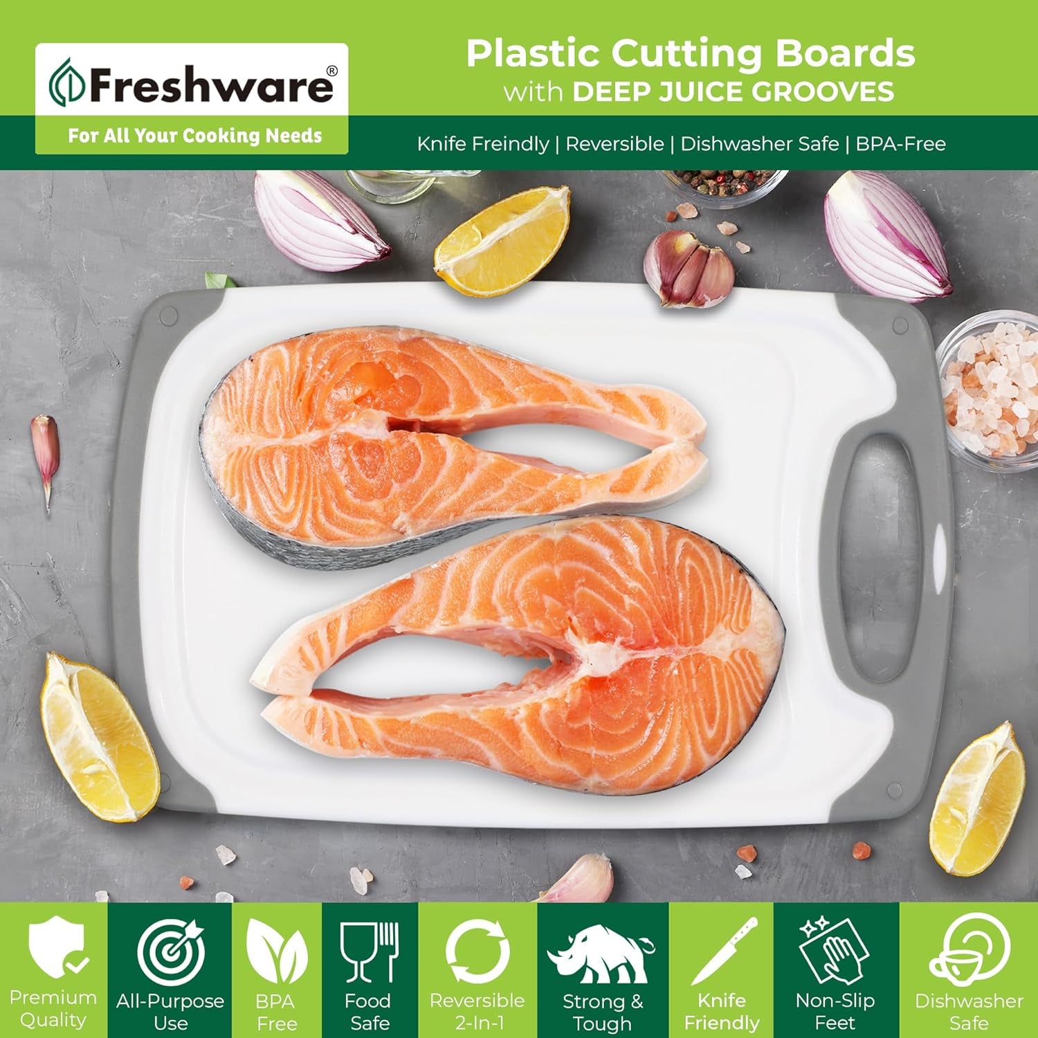 Cutting Board Set [Set of 3] Juice Grooves with Easy-Grip Handles, Plastic Chopping Board for Kitchen, Bpa-Free, Non-Porous, Dishwasher Safe