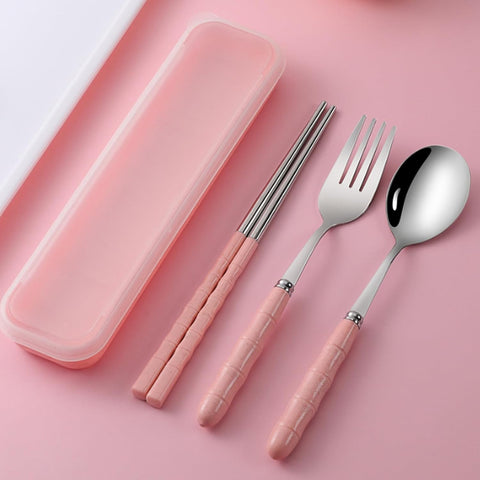 Image of Portable Travel Cutlery Set, 18/8 Stainless Steel 3-Piece Set, Reusable Cutlery Set, Including Travel Spoon and Fork Chopsticks Set with Case (Pink)