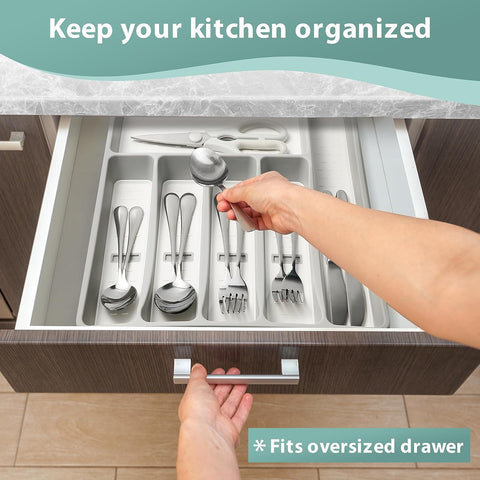 Image of Silverware Organizer with Icons，Plastic Cutlery Silverware Tray for Drawer，Utensil Tableware Flatware Organizer for Kitchen with Non-Slip Tpr,Fits Oversized Drawer,6-Compartment