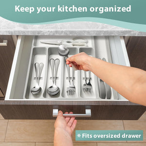 Silverware Organizer with Icons，Plastic Cutlery Silverware Tray for Drawer，Utensil Tableware Flatware Organizer for Kitchen with Non-Slip Tpr,Fits Oversized Drawer,6-Compartment