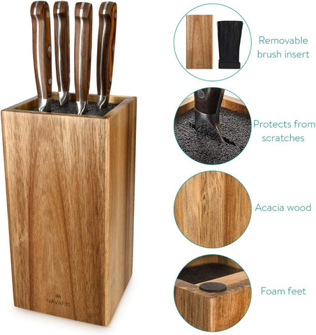 Image of Wooden Kitchen Knife Block - Universal Bristle Knife Holder Storage Stand - Acacia Wood Knife Block - Upright Design 9.4 X 4.7 X 4.7 Inches