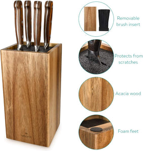 Wooden Kitchen Knife Block - Universal Bristle Knife Holder Storage Stand - Acacia Wood Knife Block - Upright Design 9.4 X 4.7 X 4.7 Inches