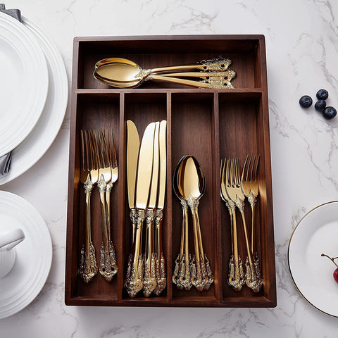 Image of Luxury 20 Pieces 18/10 Stainless Steel Flatware Set, Service for 4, Silver Plated with Gold Accents, Fine Silverware Set and Dishwasher Safe (Gold)