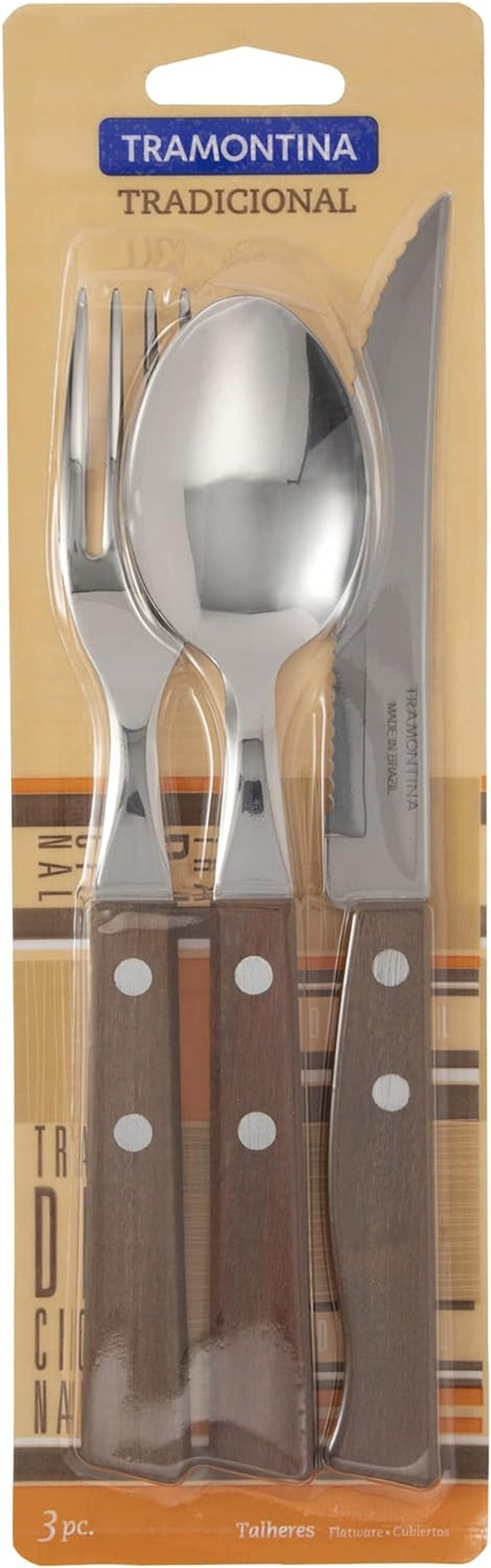 Tramontina Traditional Heavy Duty Natural Wood Handle Steak Knives 8.3" & Table Fork 7.5" & Tablespoon 7.5" Set of 3 3 Heat Treated Knives Lightweight Made in Brazil 22299/001 TRAMONTINA
