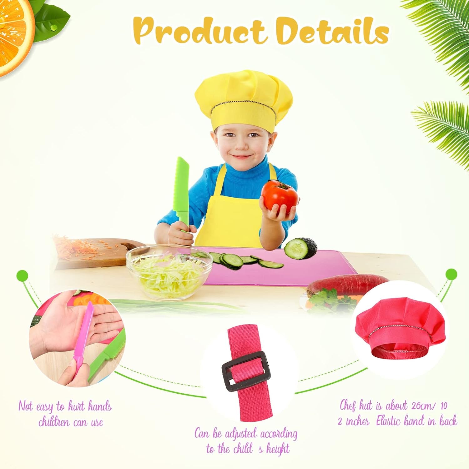20 Pcs Kids Apron and Chef Hat Set Kids Plastic Knife Set with Cutting Board, 5 Toddler Apron 5 Chef Hat 5 Kid Safe Knives 5 Kids Chopping Board for Baking Cooking Club, Preschool Class