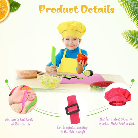 Image of 20 Pcs Kids Apron and Chef Hat Set Kids Plastic Knife Set with Cutting Board, 5 Toddler Apron 5 Chef Hat 5 Kid Safe Knives 5 Kids Chopping Board for Baking Cooking Club, Preschool Class