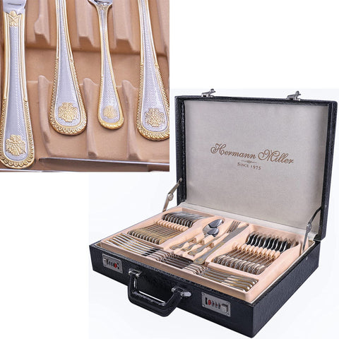 Image of Royal Family Collection 72 Piece Fine Flatware Silverware Set with Gift Carrying Case, Elegant Design, Serves Parties 12 People, Perfect Housewarming Graduation for Loved Ones, Gold