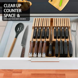 Bamboo Kitchen Drawer Knife Holder, In-Drawer Knife Block, Knife Drawer Organizer Fit for 16 Knives and 1 Steel Sharpening