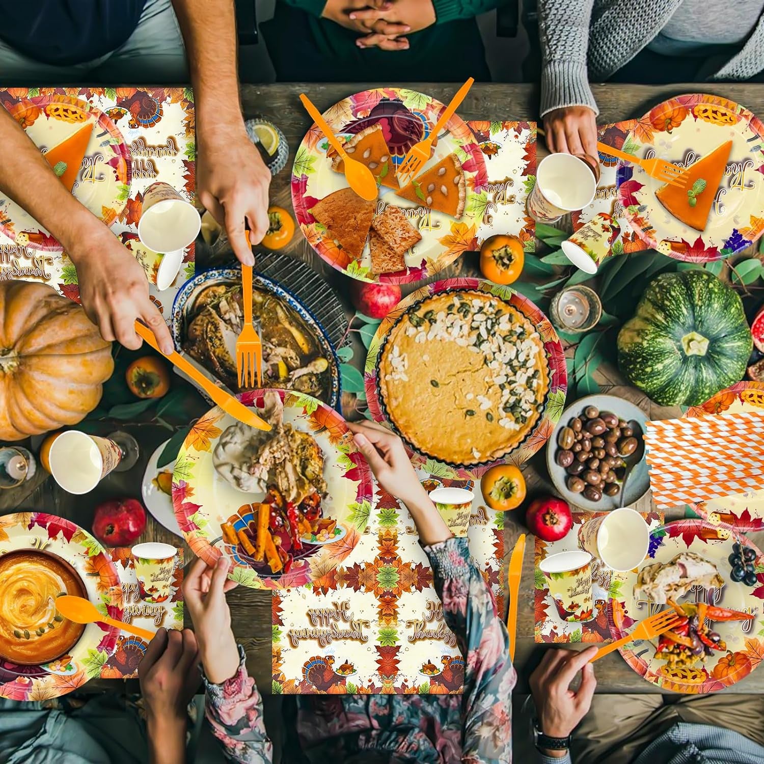 240Pcs Thanksgiving Party Supplies Disposable Dinnerware Set Include Paper Plates Dessert Plates Napkins Forks Knives Spoon Cups Straws Turkey Themed Thanksgiving Dinner Decorations,Serves 30