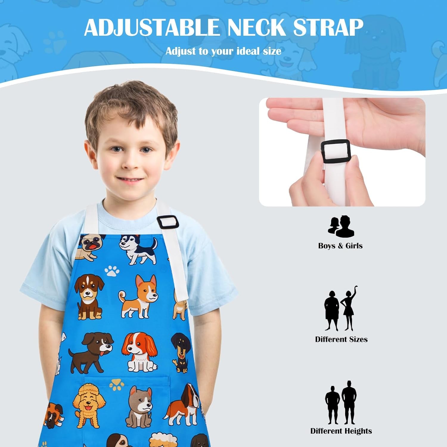 Cute Pets Kids Apron, Cartoon Dog Puppy Kitchen Apron with Pockets, Adjustable Chef Aprons for Toddler Boys Girls, Waterproof Cooking Apron for Painting Baking Gardening, Gifts, 19.7" X 23.6"