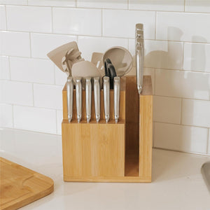 Bamboo Magnetic Knife Block and Cooking Utensil Holder, Sleek Storage for Chefs Knives, Steak Knives, Spatulas, Scissors, Non-Slip Rubber Feet, Easy to Clean, Kitchen Countertop Organizer