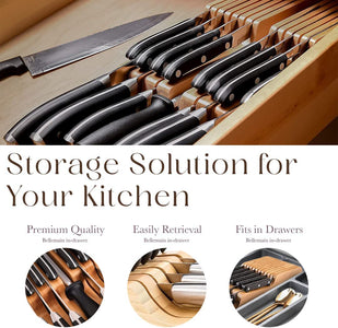 100% Pure Bamboo in Drawer Knife Block | Knife Drawer Organizer | Store Knives Safely with the Blades down | Storage Solution for Your Kitchen | Knife Organizer Drawer Insert