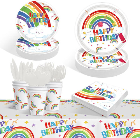 Image of Rainbow Birthday Party Decoration Supplies: 176PCS Rainbow Paper Plates Set(25 Guest) with Rainbow Plates Napkins Cups Tablecloth Plastic Forks Knives Spoon for Rainbow Theme Birthday Party for Kids