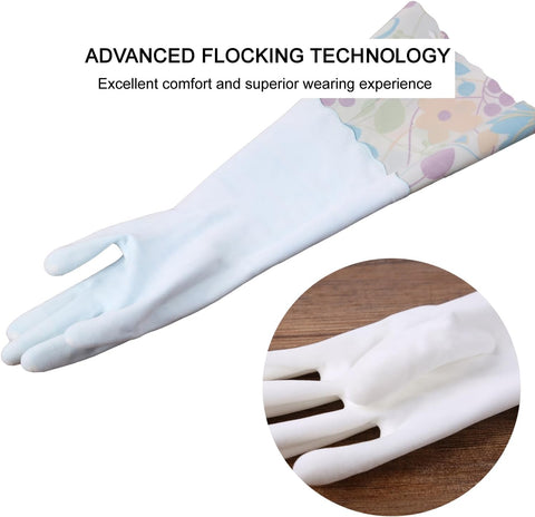 Image of 3 Pairs Rubber Cleaning Gloves, Household Kitchen Dishwashing Gloves with Cotton Flocked Liner, Long Cuff 16", Reusable, Non-Slip (Medium, Blue+Pink+White)