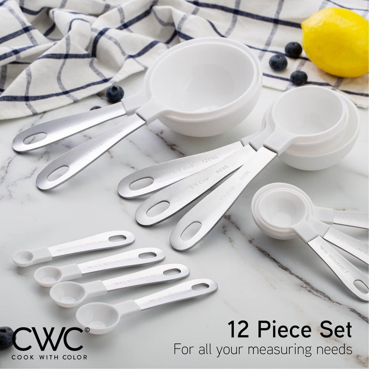 12 PC Measuring Cups Set and Measuring Spoon Set, Stainless Steel Handles, Nesting Kitchen Measuring Set, Liquid & Dry Measuring Cup Set (White)