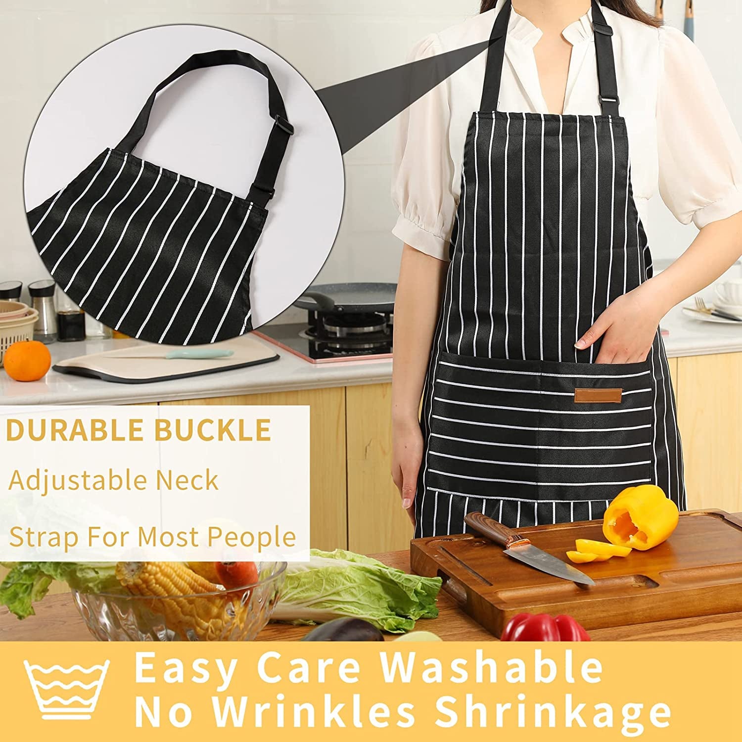 2 Pieces Kitchen Cooking Aprons, Cotton Polyester Blend Adjustable Bib Aprons with 2 Pockets for Women Men Chef Chef (Black/Brown Stripes, 2)