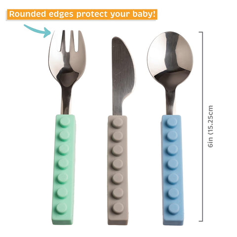 Image of Upward Baby Kids Utensils Set - Lego Interlocking 6 Piece Sensory Spoons and Forks for Self-Feeding - Toddler Silverware - Fun Stainless Steel Utensils for Toddlers - 12 Months Old + Baby Led Weaning