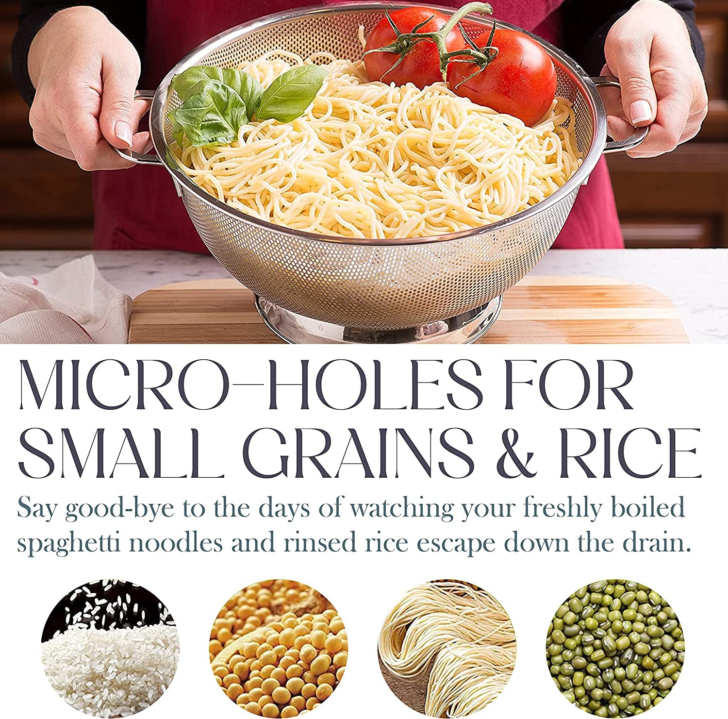 5 Qt Metal Colander with Handle | Pasta, Spaghetti, Berry, Fruit, Vegetable, Kitchen Food Strainer Basket | 18/8 Stainless Steel Colander Bowl | Pot Drainer for Cooking, Sifter Strainer