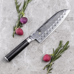 Classic 7” Hollow-Ground Santoku All-Purpose Kitchen Knife; VG-MAX Blade Steel and Ebony Pakkawood Handle; Hollow-Ground Indentations for Reduced Friction and Smoother Cuts; Handcrafted in Japan