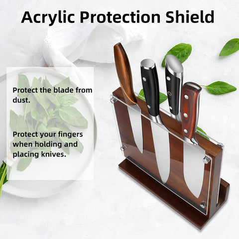 Image of Kitchen Magnetic Knife Block with Acrylic Shield Acacia Wood Double Side Knife Holder Rack Stands with Strong Enhanced Magnets Multifunctional Storage Knife Stand for Kitchen Cutlery Display Organizer