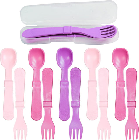Image of Made in USA Toddler Forks and Spoons, Pack of 12 with Carrying Case - 6 Kids Forks with Rounded Tips and 6 Deep Scoop Toddler Spoons - 0.2" Thick Toddler Utensils with Case, Princess