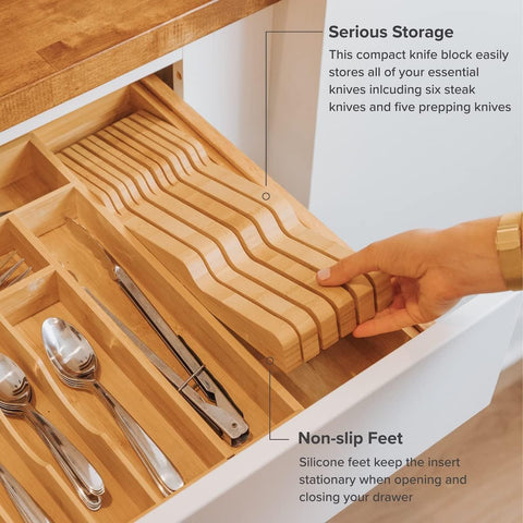 Image of Bamboo Kitchen Knife Block Holder Organizer - Holds 5 Long + 6 Short Knives (Not Included), Fits Most Knife Sizes, Rubber Feet, Sustainable Bamboo, In-Drawer Design