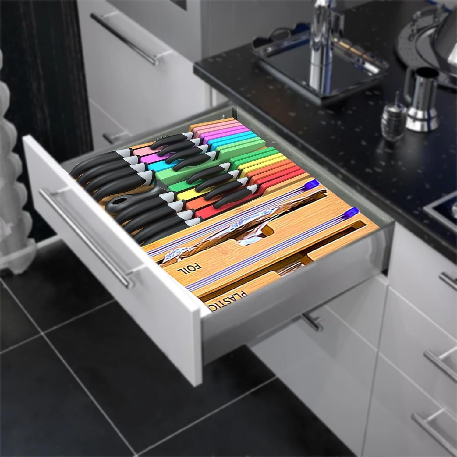 In-Drawer Knife Block Set without Knives, Kitchen Colorful Drawer Steak Knife Holder Organizer, Detachable Cutlery Storage Rack for 16 Knives and 1 Sharpening Steel