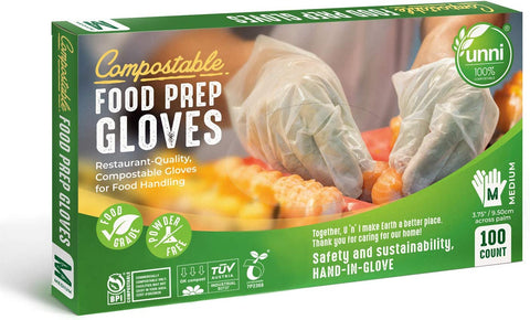 100% Compostable Food Prep Gloves, Restaurant-Quality,For Food Handling, Powder-Free, 100 Count, Medium, Earth Friendly Highest ASTM D6400, US BPI and Europe OK Compost Certified, San Francisco