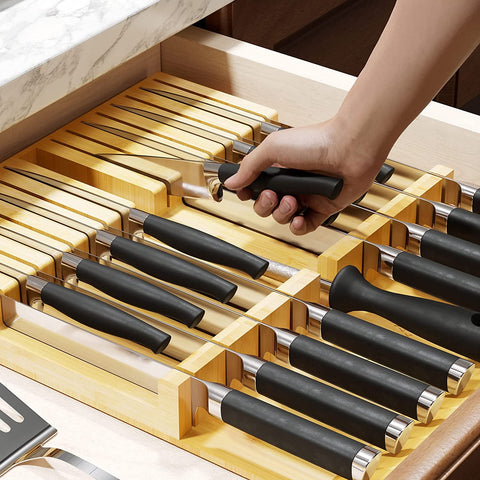 Image of Bamboo Knife Drawer Organizer Insert, Kitchen Steak Knives Holder Organizers Block for Drawer Storage Organization (16 Knife Slots and 1 Sharpener Slot)