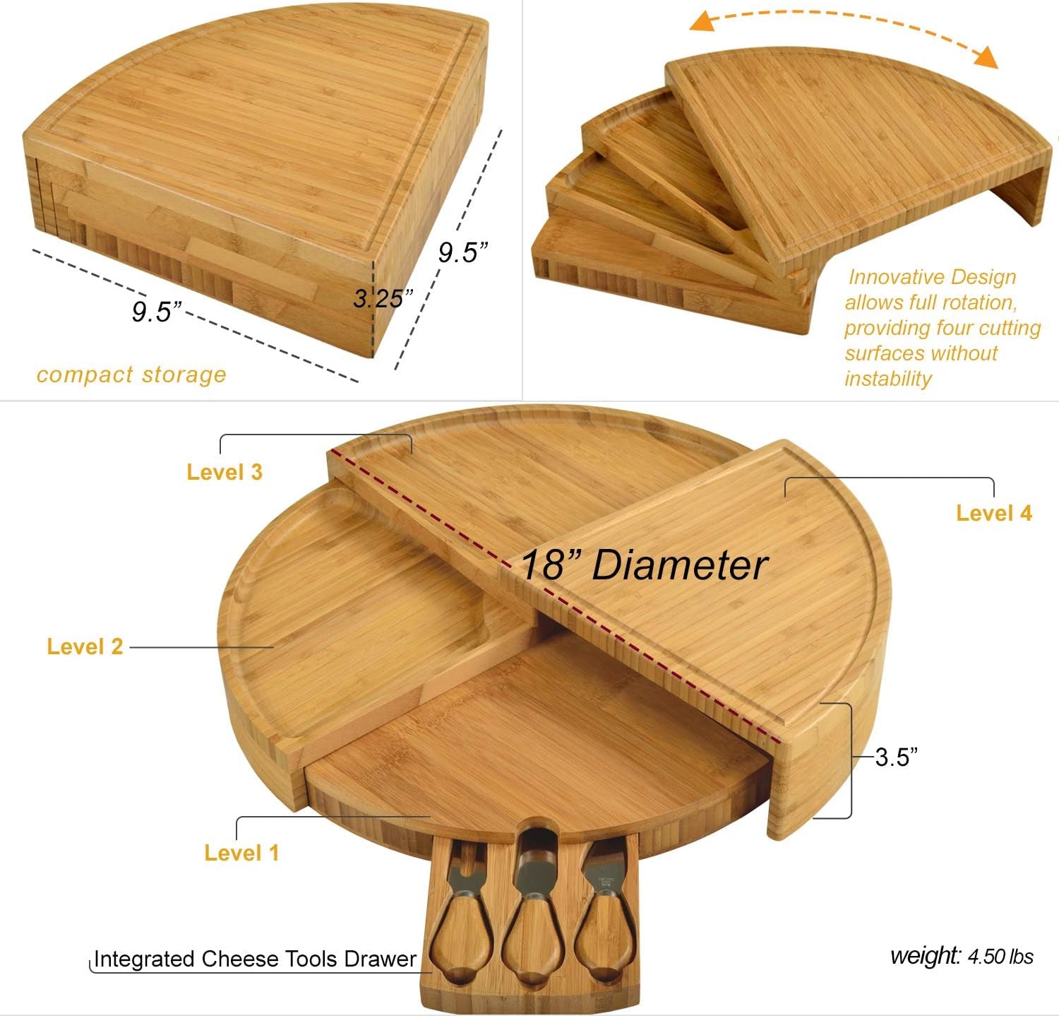 Multi-Level Cheese/Charcuterie Board - Patented Unique Design Stores as a Wedge