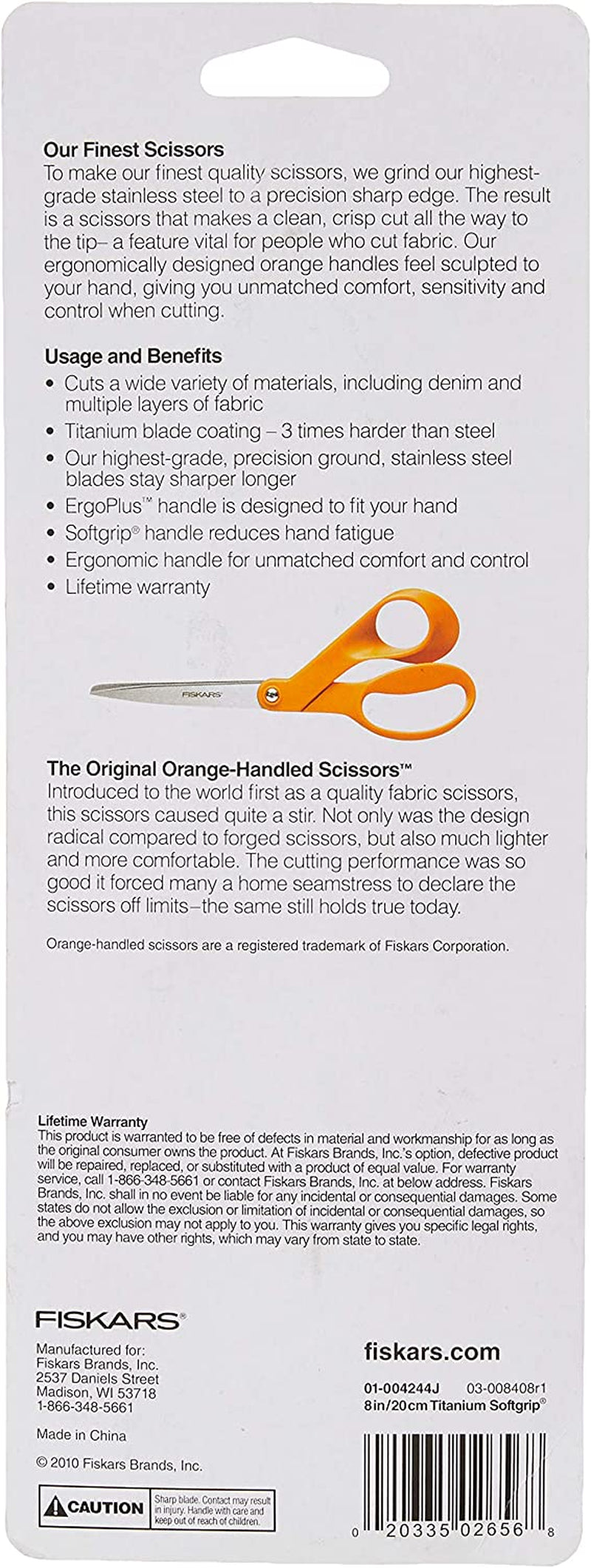 Softgrip Titanium Scissors All Purpose - 8" Straight Handle Scissors for Office, Arts, and Crafts - Orange