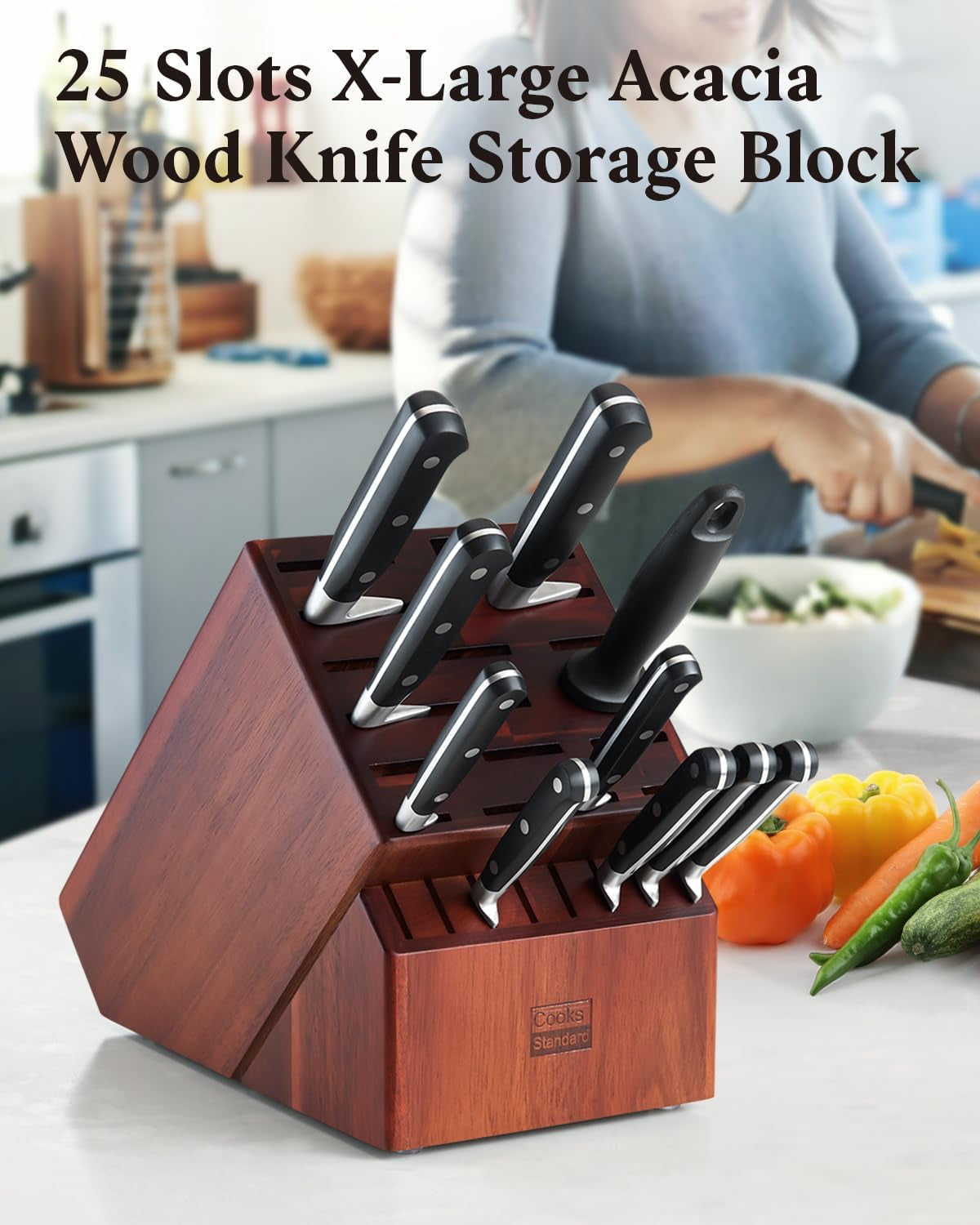 Acacia Wood Knife Block Holder without Knives, 25 Slot X-Large Universal Countertop Butcher Block Kitchen Knife Stand for Easy Kitchen Storage