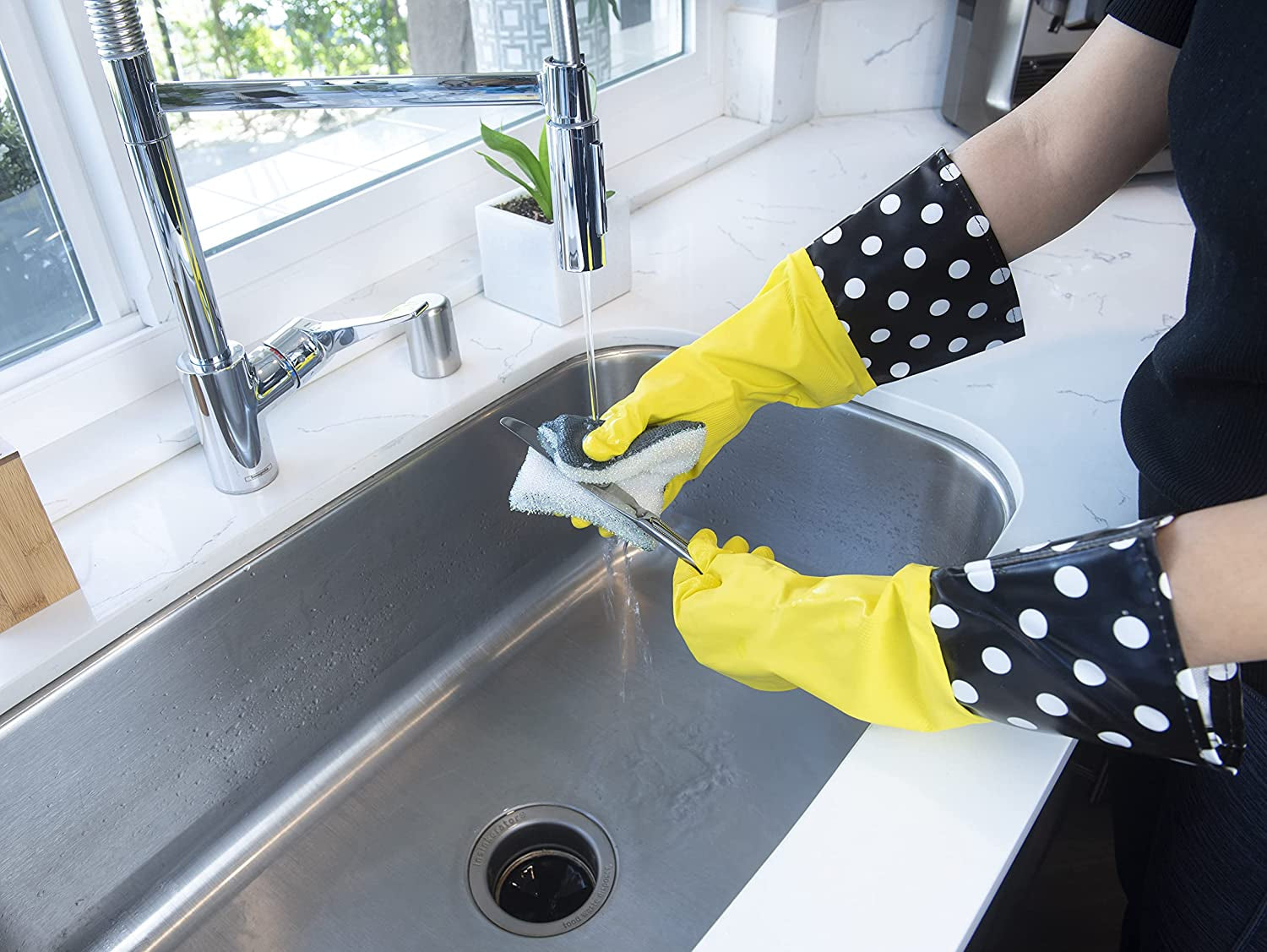 Glam Reusable Latex Dishwashing Gloves for Kitchen or Cleaning, One Size, Yellow, 3 Pairs