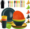 Plastic Dinnerware Set 28 Piece, Reusable Light Weight Mugs, Bowls, Dishes, Knives, Forks, Spoons for Camping Picnics and Everyday Use, Dishwasher Safe (Mutil Color)