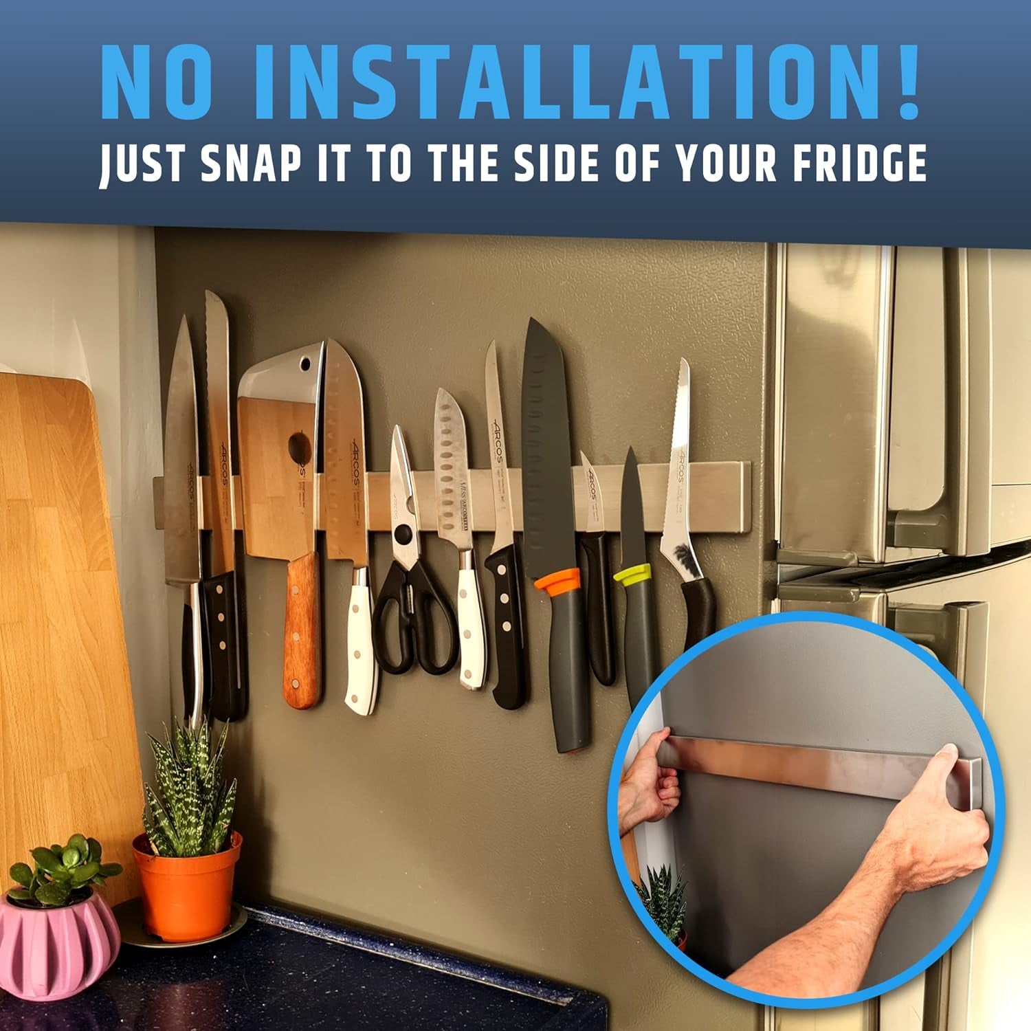 Fridge Applicable Stainless Steel Magnetic Knife Holder with Anti-Slide Upgrade - 22 Inch Professional Double Sided Knife Strip for Refrigerator - Knife Rack/Knife Bar with Powerful Pull Force