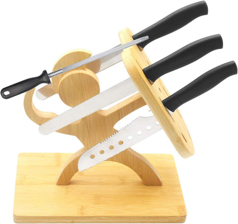 Image of Bamboo Knife Block without Knives, Warrior Shape Kitchen Knife Block Holder, 7 Holes Knife Holder Stand(Without Knives)