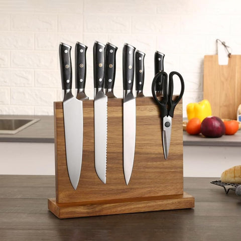 Image of - Magnetic Knife Block + Cutting Board for Kitchen | Magnetic Knife Holder with Strong Enhanced Magnets, Knife Block without Knives, 3 Rows of Magnetic Strips, Knife Holder | Set 2 in 1
