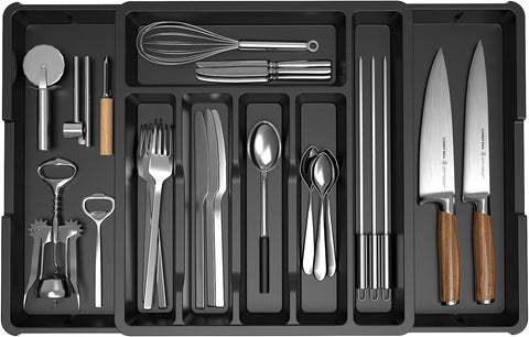 Image of Expandable Silverware Drawer Organizer, Adjustable Kitchen Flatware Organizer with Removable Dividers, Large Capacity Utensil Holder, Cutlery Tray for Kitchen Office Bathroom Supplies(Black)