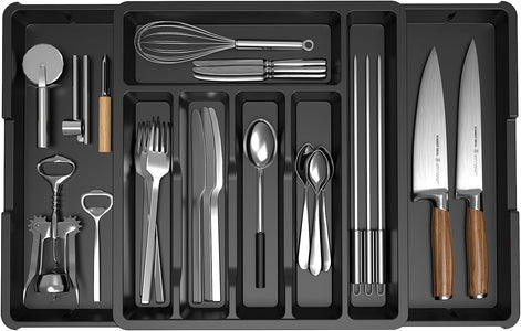 Expandable Silverware Drawer Organizer, Adjustable Kitchen Flatware Organizer with Removable Dividers, Large Capacity Utensil Holder, Cutlery Tray for Kitchen Office Bathroom Supplies(Black)