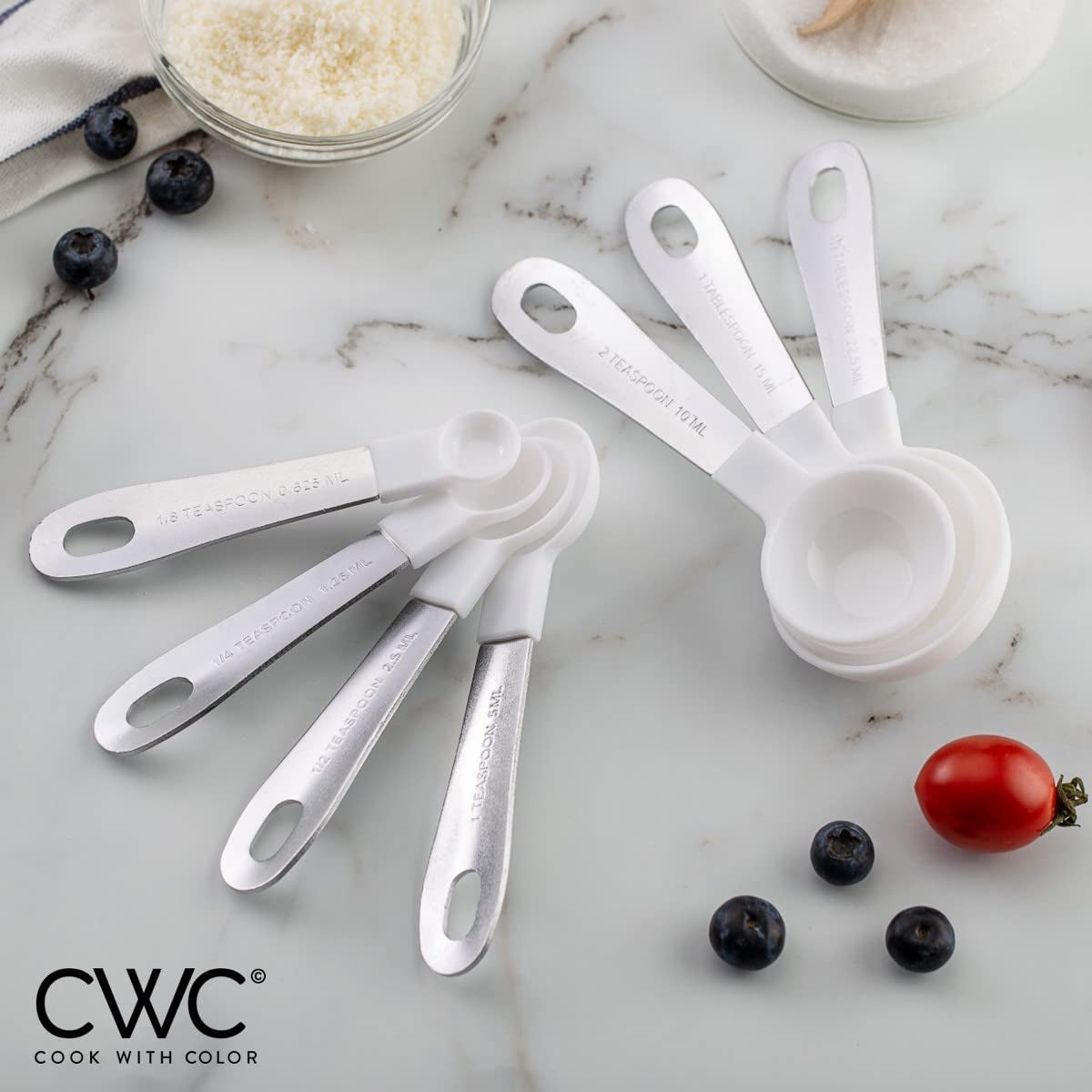 12 PC Measuring Cups Set and Measuring Spoon Set, Stainless Steel Handles, Nesting Kitchen Measuring Set, Liquid & Dry Measuring Cup Set (White)