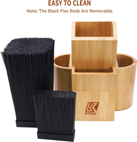 Image of Bamboo Universal Knife Block Two-Tiered Slot-Less Wooden Knife Stand, Knife Organizer & Holder - Convenient Safe Storage for Large & Small Knives & Utensils - Easy to Clean Removable Bristles