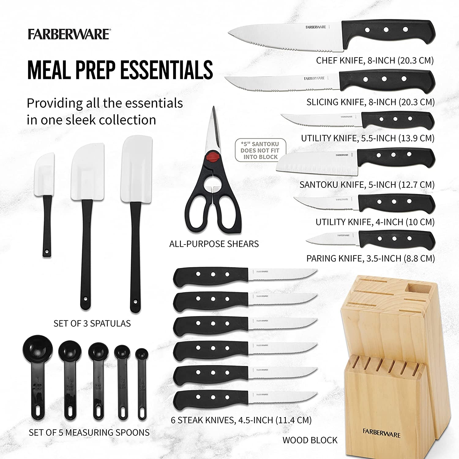 125-Piece Household Tool Kit & Farberware 22-Piece Never Needs Sharpening Triple Rivet High-Carbon Stainless Steel Knife Block and Kitchen Tool Set, Black